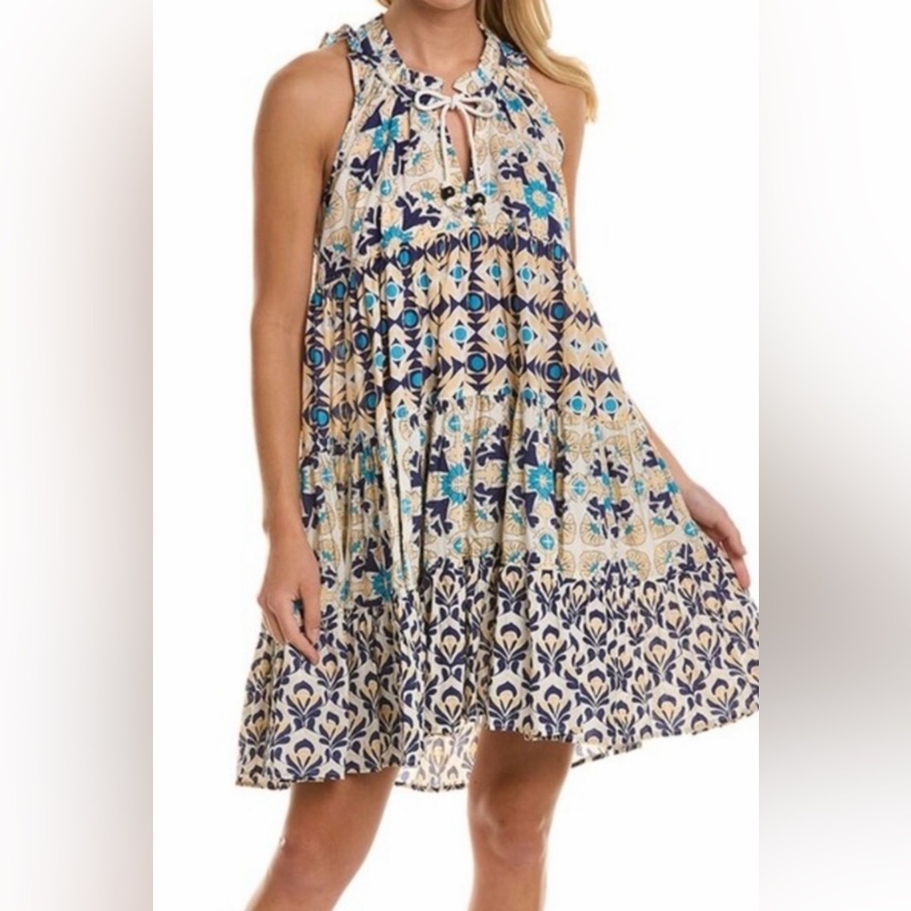 Boho Print Tie-Neck Swing Dress in Beige and Blue